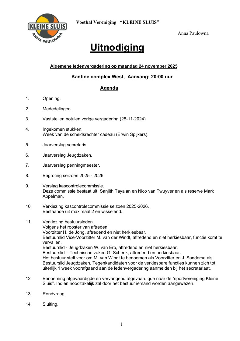 Uitnodiging algemene ledenvergadering voetbal